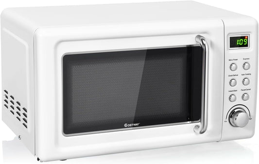 Retro Countertop Microwave Oven, 0.7Cu.ft, 700-Watt, High Energy Efficiency, 5 Micro Power, Delayed Start Function, with Glass Turntable & Viewing Window, LED Display, Child Lock (White)
