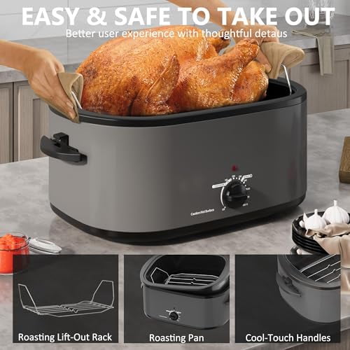 Roaster Oven 28 Quart, Electric Roaster Oven with Visible & Self-Basting Lid, Turkey Roaster Oven with Removable Pan & Rack, Variable Temperature Control, Stainless Steel, Grey
