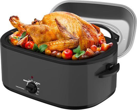 Roaster Oven 28 Quart, Electric Turkey Roaster with Self-Basting Lid, Removable Pan & Rack, Variable Temp Control, Stainless Steel, Grey