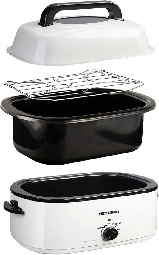 Roaster Oven Electric, Roaster Oven 22 Quart with Self-Basting Lid, Turkey Roaster Oven with Removable Pan and Rack, Adjustable Temperature Control Powerful 1450W Stainless Steel Roaster Oven, White