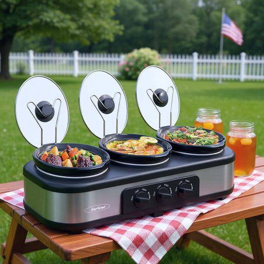Royalcraft Triple Slow Cooker Buffet Servers and Warmer,3 Pot Food Small Mini Manual Slow Cooker with Adjustable Temp Stainless Steel Lid Rests,Removable Ceramic Pot, 3 x 1.5 Quarts Black
