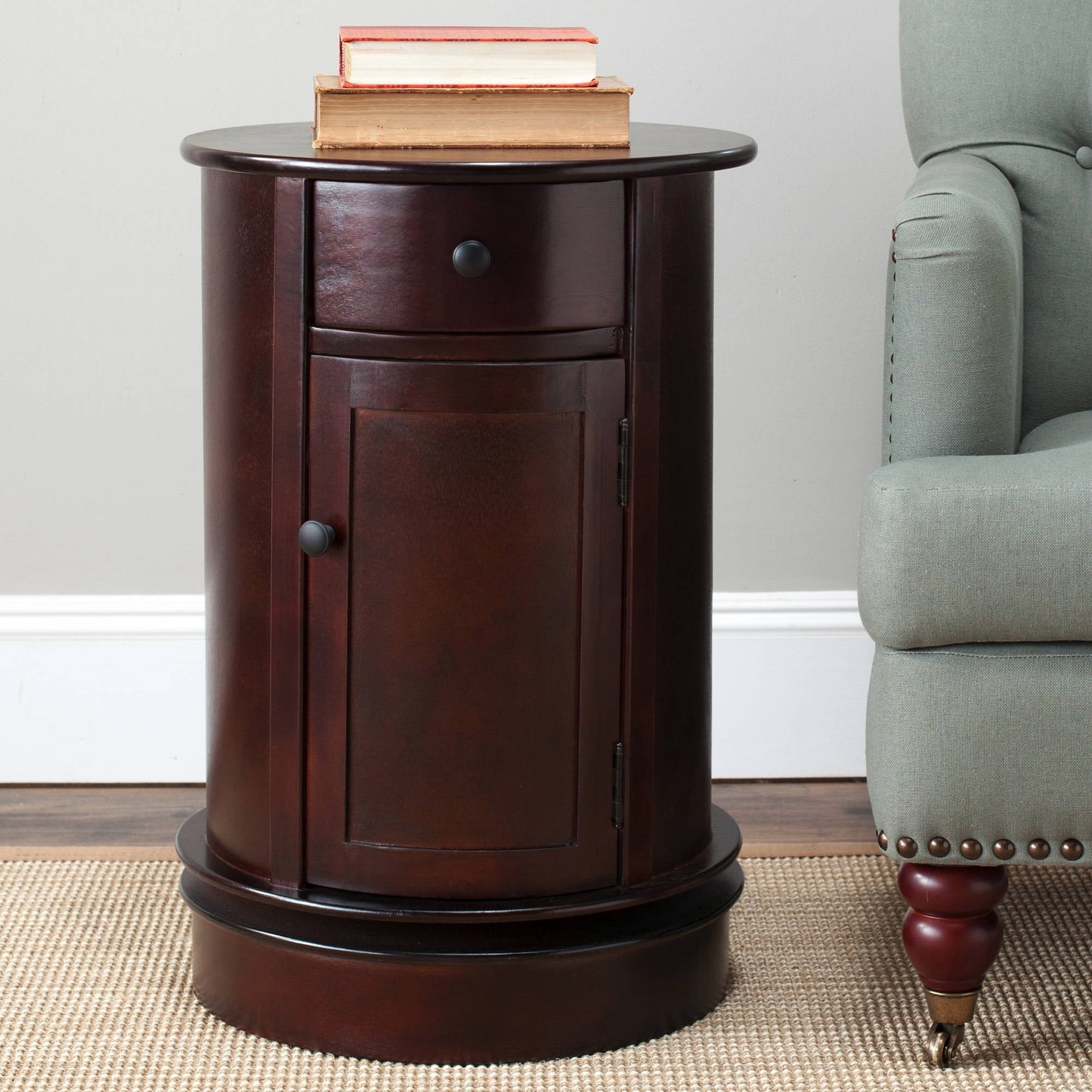 SAFAVIEH Tabitha Solid Swivel Accent Table with Drawer and Cabinet, Dark Cherry