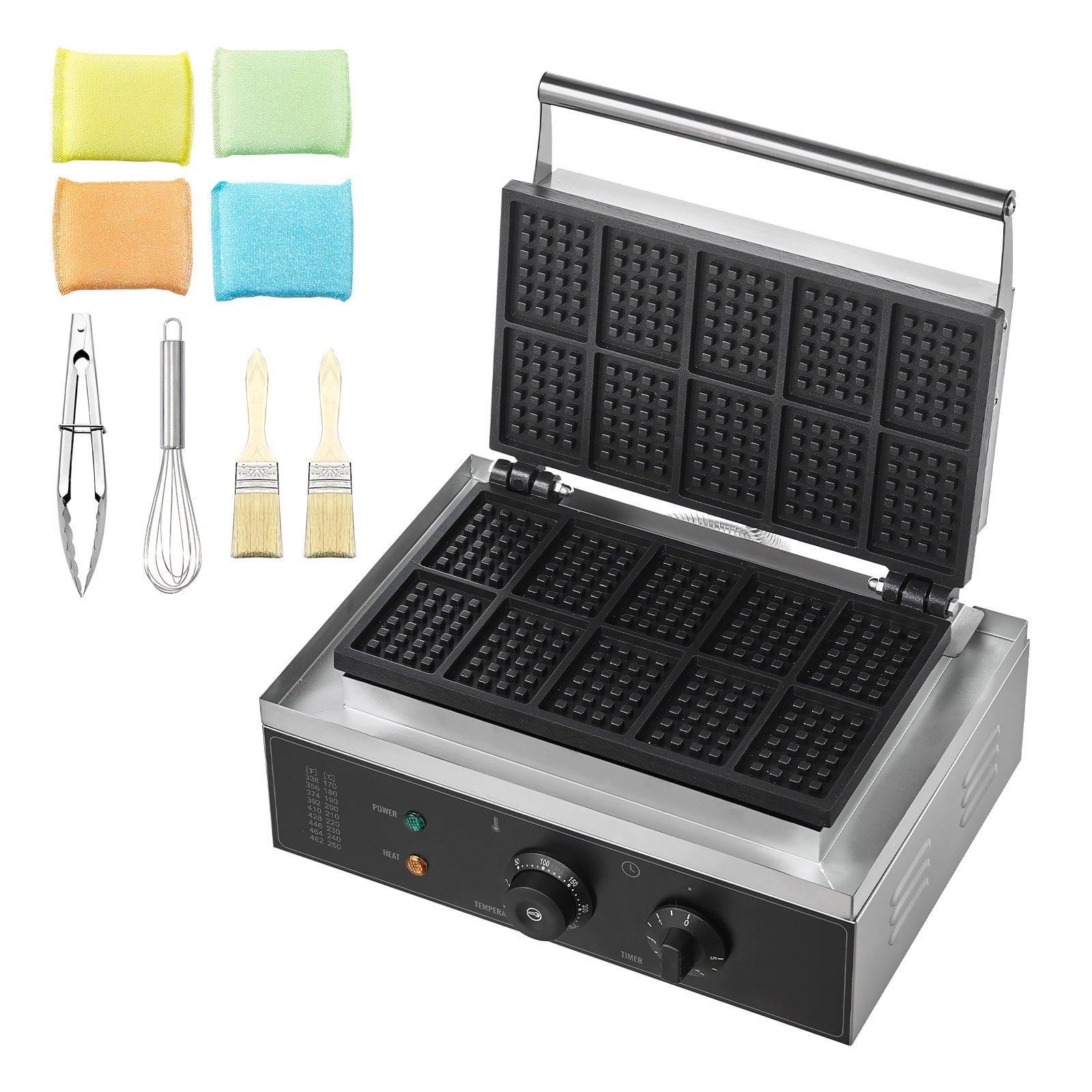 KFFKFF Professional Waffle Maker, 10-Section Rectangular Waffle Cooking Device, 1550W Non-Stick Surface, Stainless Steel, Adjustable Temperature and Timer, with Handle, Ideal for Cafes and Home Use