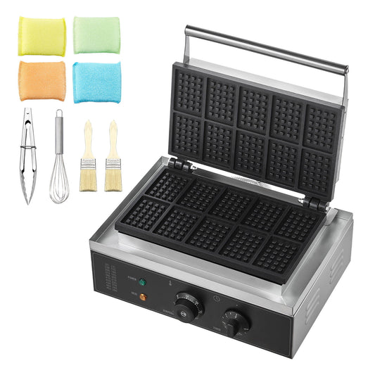 KFFKFF Professional Waffle Maker, 10-Section Rectangular Waffle Cooking Device, 1550W Non-Stick Surface, Stainless Steel, Adjustable Temperature and Timer, with Handle, Ideal for Cafes and Home Use