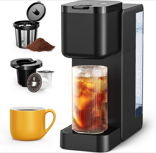 Single Serve Hot & Iced Coffee Maker with Strong Brew, 40oz Removable Reservoir, 6 Brew Sizes, Compatible with K Cup and Grounds, Compact for Home, Office, RV and Dorm, Black (2.0 Version)