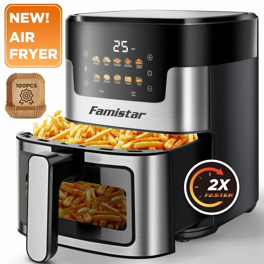 Sleek Black 7.5QT Air Fryer with Food-Grade Non-Stick Coating, 360° Hot Air Circulation, 10-in-1 Functions & 10 Preset Programs for Healthy Family Cooking with 95% Less Oil