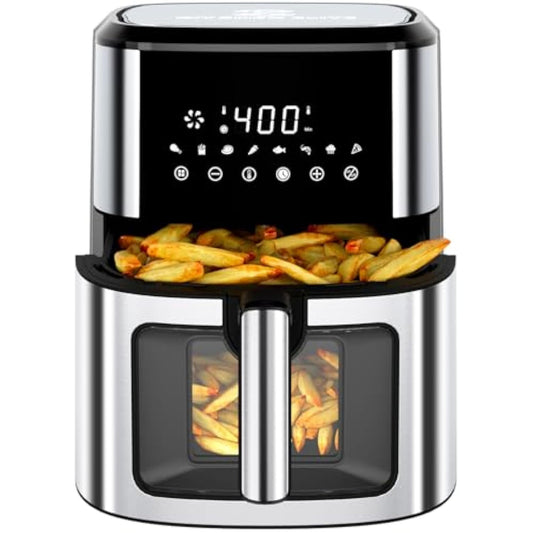 Stainless Steel Air Fryer with View Window - XL 8.5QT Capacity, 8-in-1 Digital Control, 400°F Temp, Dishwasher-Safe & Space-Saving Design for Family Cooking, 1500W