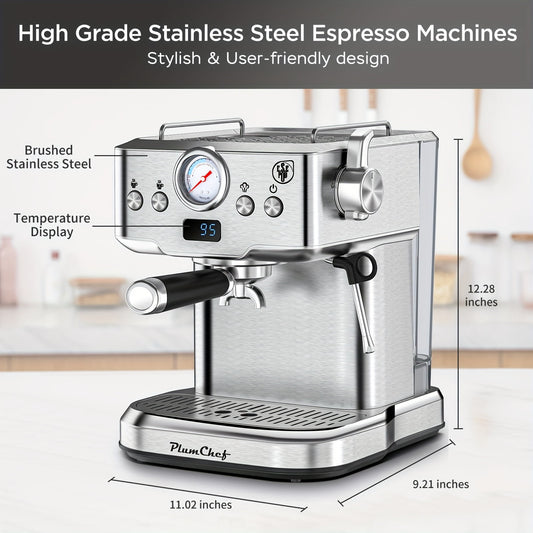 Stainless Steel Espresso Machine with Built-in Milk Frother and 20 Bar Pump Pressure, Great for Barista-style Coffee, Suitable for Home Kitchen, Office