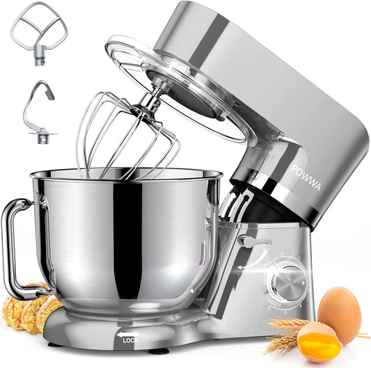 Stand Mixer,  7.5 Quart Electric Mixer, 6+1 Speed 660W Tilt-Head Kitchen Food Mixers with Whisk, Dough Hook, Mixing Beater & Splash Guard for Baking, Cake, Cookie (Silver-with Handle)