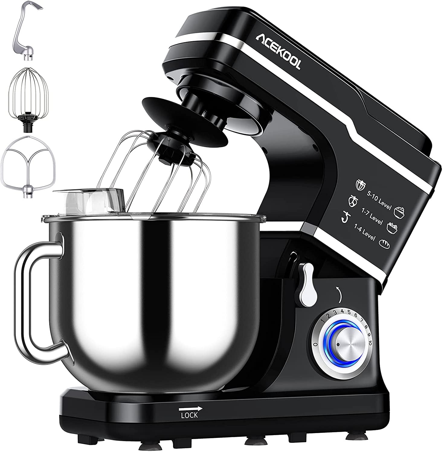 Stand Mixer, 7.5QT Kitchen Electric Food Mixer 10-Speed Tilt-Head Dough Mixer for Baking&Cake, with Stainless Steel Bowl, Whisk, Dough Hook, Beater, Splash Guard (660W)BLACK MC1