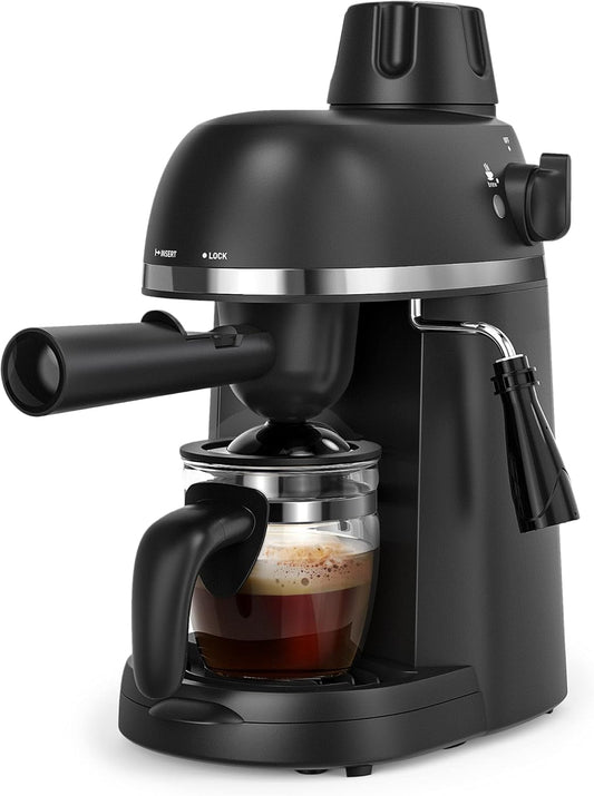 Steam Espresso Machine with Milk Frother, 1-4 Cup Mini Expresso Coffee Maker for Home, Latte Cappuccino Machine Includes Carafe, Black