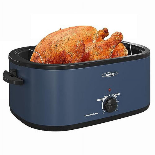 Sunvivi 22 Quart Electric Turkey Roaster Oven with Visible Glass Lid,Removable Pan & Rack, Stainless Steel,Blue