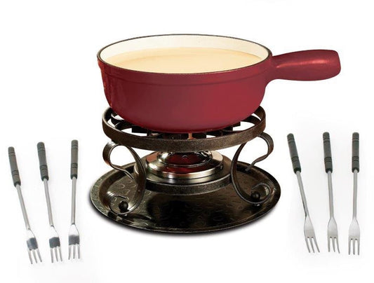 Swissmar Lugano Cherry Red Cast Iron Cheese Fondue Set, 9-Piece