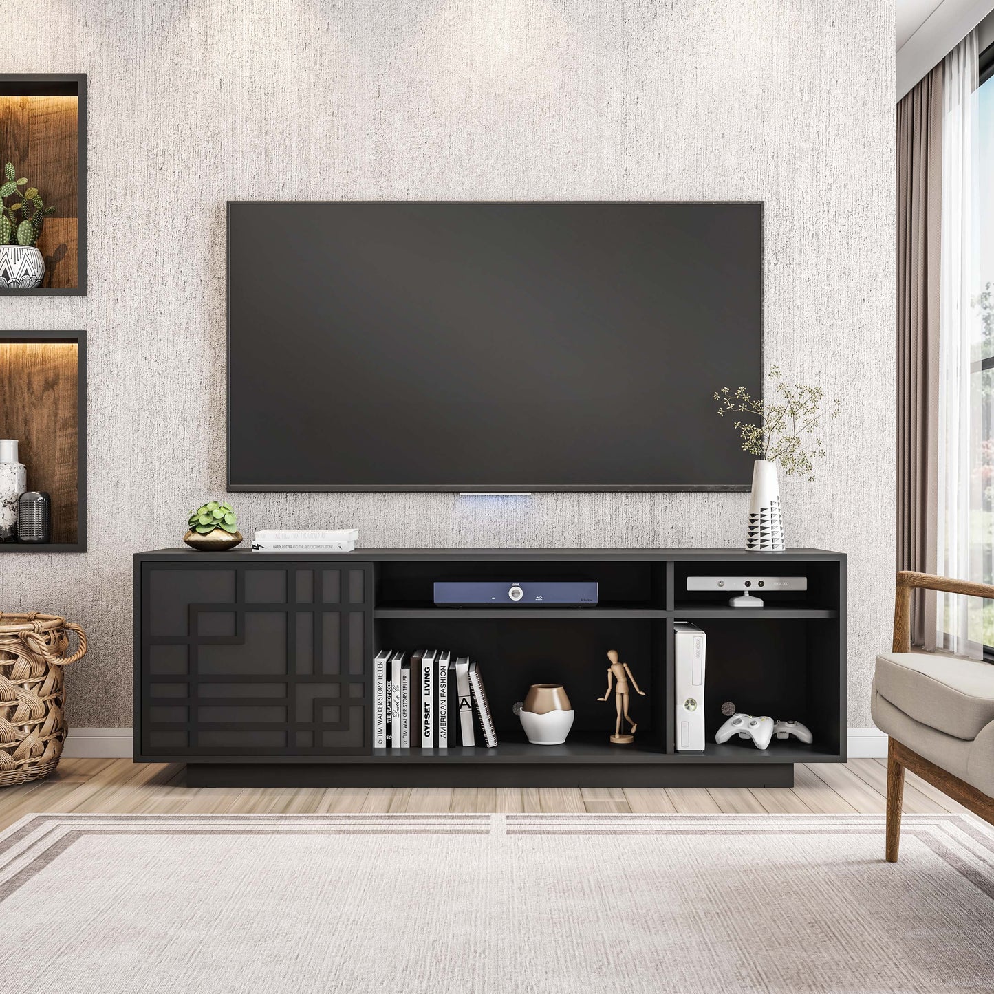 Techni Mobili Contemporary TV Stand for TV’s up to 70” with Patterned Storage Cabinet and Open Shelving RTA-945TV-BK