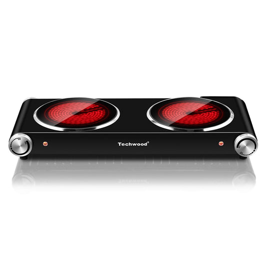Techwood 1800W Electric Hot Plate Cooktop for Cooking,Infrared Ceramic Countertop Stove Top 2 Burners,Stainless Steel Portable Electric Burner,Knob Control,Easy To Clean(Black)