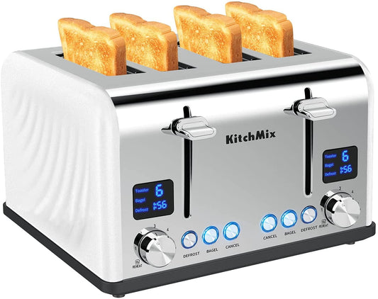 Toaster 4 Slice, Bagel Stainless Toaster with LCD Timer, Extra Wide Slots, Dual Screen, Removal Crumb Tray