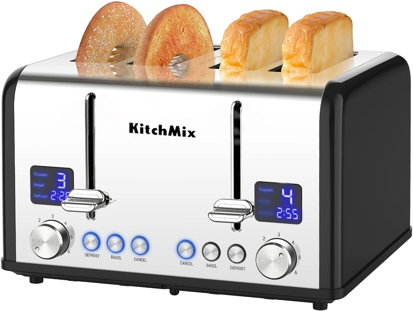 Toaster 4 Slice, Bagel Stainless Toaster with LCD Timer, Extra Wide Slots, Dual Screen, Removal Crumb Tray