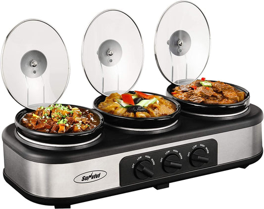 Triple Buffet Server and Food Warmer, 3-Section 1.5-Quart Upgraded Oval Cera Pot with Stainless Steel Lid Rests, 3 Spoons, Total 4.5 QT