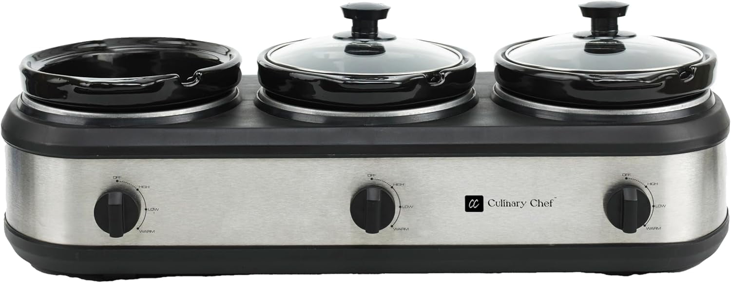 Triple Slow Cooker Buffet Server 3 Pot Stainless Steel Food Warmer