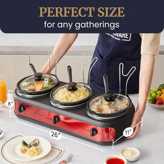 Triple Slow Cooker Buffet Server with Adjustable Temp, Dishwasher-Safe Ceramic Pots, Red