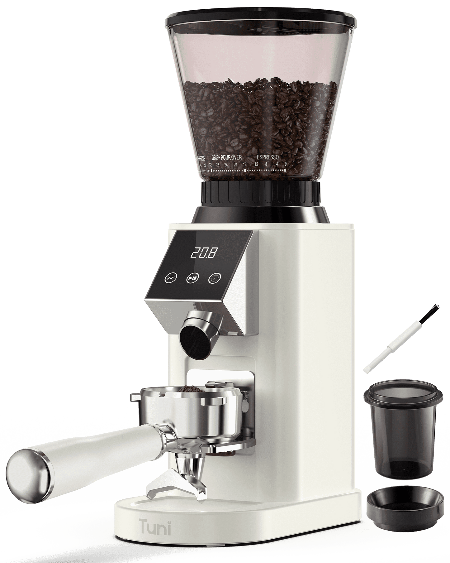Tuni G1 Conical Burr Coffee Grinder, 48 Grind Settings Anti-static Burr Mill, Precision Electronic Timer and LED Touchscreen for Espresso/Drip/Cold Brew/French Press, Stainless Steel, Ivory