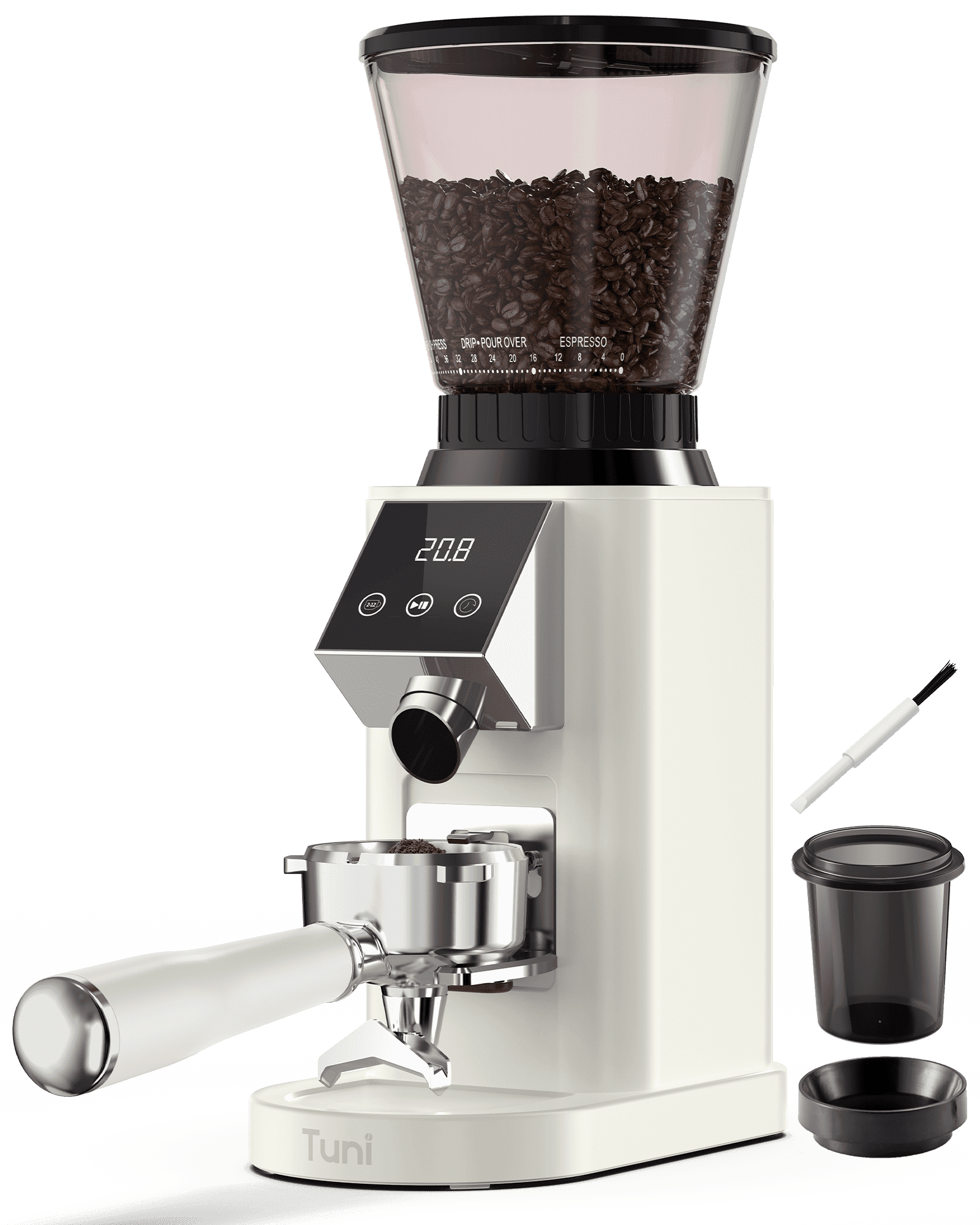 Tuni G1 Conical Burr Coffee Grinder, 48 Grind Settings Anti-static Burr Mill, Precision Electronic Timer and LED Touchscreen for Espresso/Drip/Cold Brew/French Press, Stainless Steel, Ivory
