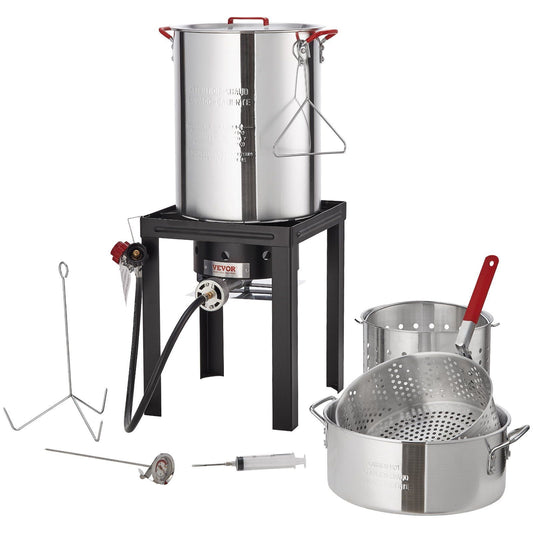 Turkey Deep Fryer, 30-qt Turkey & 10-qt Fish Steamer Cooker Set, Outdoor Aluminum Seafood Frying Pot, 54,000 BTU Burner Propane Gas Boiler, Includes Baskets, Perforated Poult