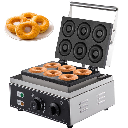 VEVOR 110V Commercial Waffle Donut Machine 6 Holes Double-Sided Heating 50-300 Centigrade degrees, Electric Doughnut Maker 1500W, Non-stick Waffle Iron Teflon-Coating Professional Kitchen