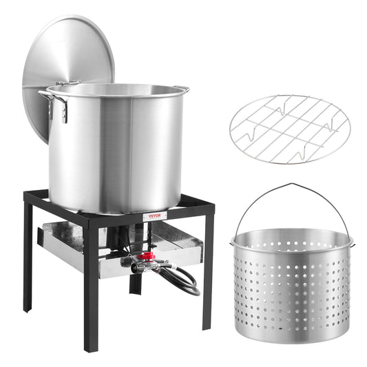 VEVOR 60 Qt Seafood Boiling Kit with Strainer, Outdoor Seafood Boil Pot and Basket, Cooking Set for Crab Crawfish Lobster Boiling, Aluminum Stockpot with 100,000 BTUs Propane Burner and Steamer Rack