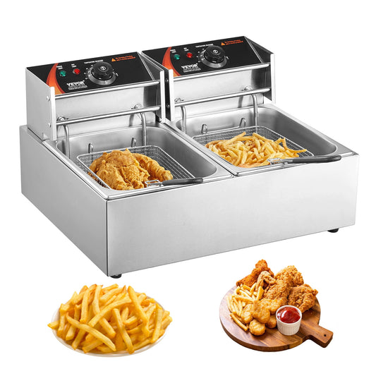 VEVOR Commercial Deep Fryer, Dual Tank 3000W Electric Countertop Fryer with Basket,2 x 9.1Qt/8.6L Double Stainless Steel Oil Fryer, with Temp Control & Overheat Protection, for Kitchen Restaurant Use