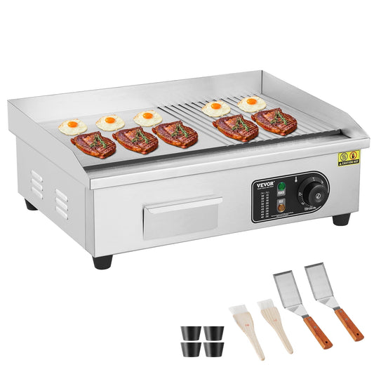 VEVOR Commercial Electric Griddle,1600W Countertop Half-Flat Top Grill,122?-572? Adjustable Temp, 22in Stainless Steel Griddle Grill with 2 Shovels and 2 Brushes for Home or Restaurant