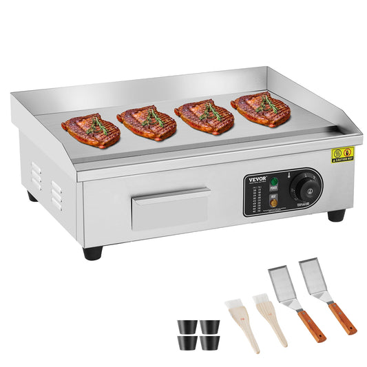 VEVOR Commercial Electric Griddle,3200W Countertop Flat Top Grill,122?-572 ? Adjustable Temp,21.26 x 11.81 x 0.39in Stainless Steel Griddle Grill with 2 Shovels and 2 Brushes for Home or Restaurant