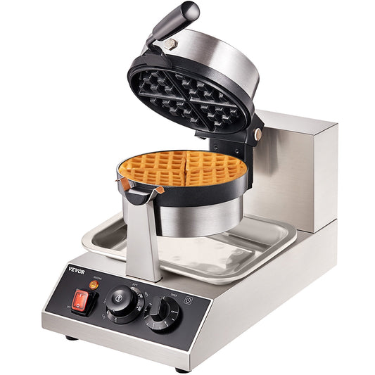 VEVOR Commercial Waffle Maker, 1 Piece per Batch, 1300W Round Waffle Iron, Non-Stick Waffle Baker Machine with 122-572? / 50-300? Temp Range Teflon-Coated Baking Pans Stainless Steel Body, 120V