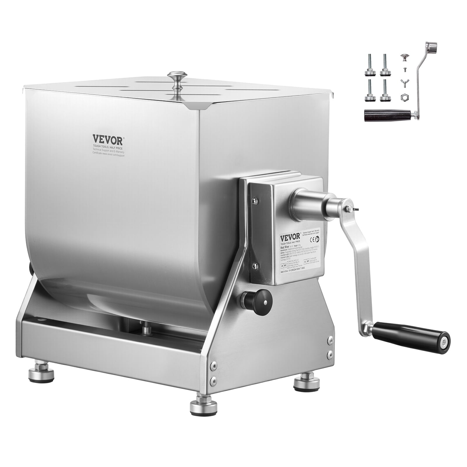 VEVOR Manual Meat Mixer, 15L Tilt Tank Meat Processing Equipment(Mixing Max 15LBS for Meat), Stainless Steel Meat Mixer, Sausage Mixer Machine with Lid Handle Gear Reducer, Ground Beef Hand Mixer