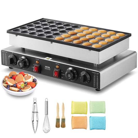 VEVOR Mini Dutch Pancake Maker, 50PCS 43mm Diameter Dorayaki Baker Machine, 1700W Commercial Electric Poffertjes Grill, Non-stick Stainless Steel, Dual Temp & Time Control, Home Kitchen Restaurant