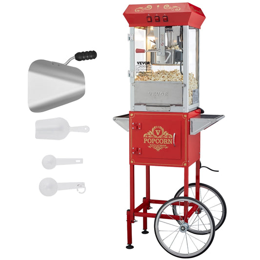 VEVOR Popcorn Maker with Cart, 850W Popcorn Popper Machine, 8 Oz Kettle Makes 48 Cups per Batch, Popcorn Maker Equipped with Tempered Glass, Includes 4 Scoops