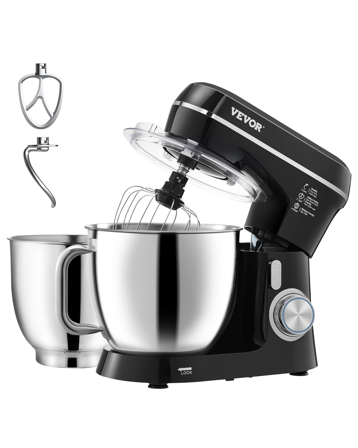 VEVOR Stand Mixer, 5.3QT + 4.4QT Two Stainless Steel Bowls, 10+P Speeds Tilt-head Food Mixer, Kitchen Mixer with Dough Hook,Wire Whip,Beater,Scraper, Household Stand Mixer for Baking Mixing,Black