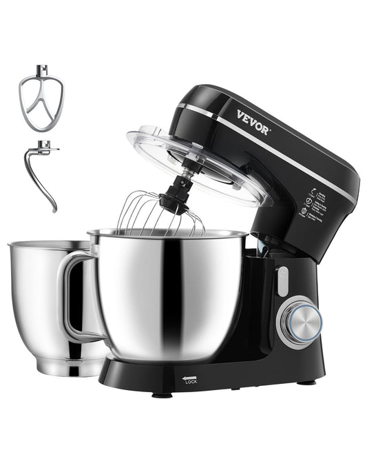 VEVOR Stand Mixer, 5.3QT + 4.4QT Two Stainless Steel Bowls, 10+P Speeds Tilt-head Food Mixer, Kitchen Mixer with Dough Hook,Wire Whip,Beater,Scraper, Household Stand Mixer for Baking Mixing,Black