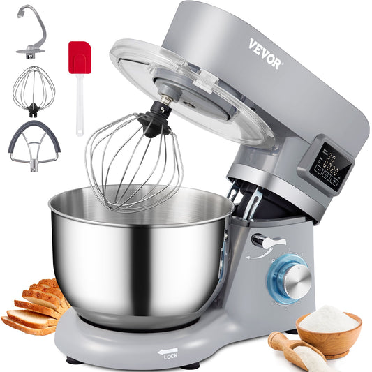 VEVOR Stand Mixer,660W Electric Dough Mixer with 6 Speeds LCD Screen Timing, Tilt-Head Food Mixer with 5.8 Qt Stainless Steel Bowl, Dough Hook, Flat Beater, Whisk, Scraper, Splash-Proof Cover - Gray