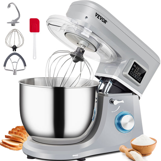 VEVOR Stand Mixer,660W Electric Dough Mixer with 6 Speeds LCD Screen Timing, Tilt-Head Food Mixer with 7.4 Qt Stainless Steel Bowl, Dough Hook, Flat Beater, Whisk, Scraper