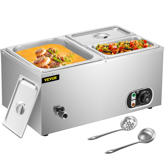 VEVORbrand Commercial Food Warmer 1x1/2GN and 2x1/4GN, 3-Pan Stainless Steel Bain Marie 24Qt,1500W Steam Table 15cm/6inch Deep,Temp. 86-185? Electric Soup Warmer with Lids & 2 Ladles