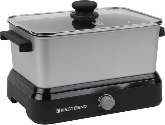 Versatility Slow Cooker Large Capacity Non-stick Cooking Vessel & Variable Temperature Heating Base Includes Travel Lid and Storage Bag, Range and Oven-Safe Cooking Pot, 6-Quart, Silver