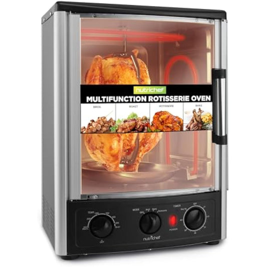 Vertical Countertop Oven with Rotisserie, Bake, Broil, & Kebab Rack Functions - Adjustable Settings - 2 Shelves - 1500W - Thanksgiving Turkey - Includes Grill, Kebab skewer racks & bake pan