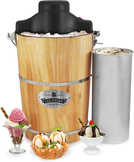 Vintage Style 6 Quart Electric Ice Cream Maker with Wooden Bucket and Classic Hand Crank, Includes Ice and Rock Salt for Homemade Frozen Treats
