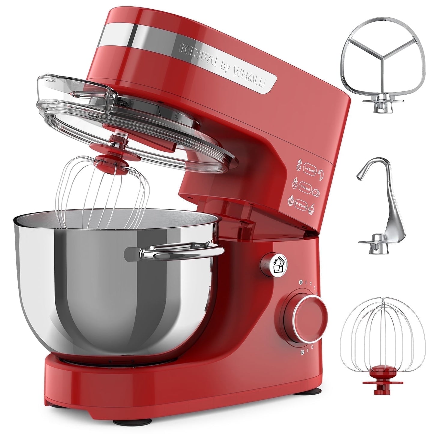 WHALL Stand Mixer - 5.5Qt 12-Speed Tilt-Head Electric Kitchen Mixer with Dough Hook/Wire Whip/Beater, Stainless Steel Bowl (Red) New