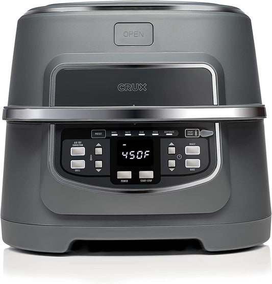 Wangxin Smokeless Indoor Grill and Digital Air Fryer Oven Combo with Adjustable Temperature and 5 Preset Functions, Large 12" x 12" Grate and 5.8 Qt Basket, Matte Gray