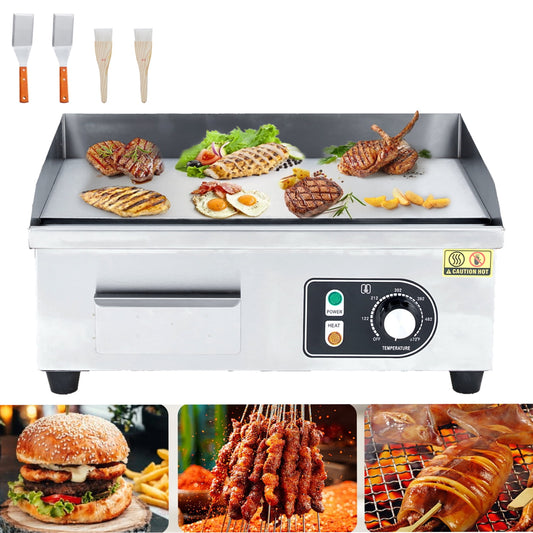 Garvee Commercial Electric Grill,14-Inch Countertop Non-Stick Teppanyaki Flat Grill with Oil Brush & Shovel,Adjustable Temperature,Silver