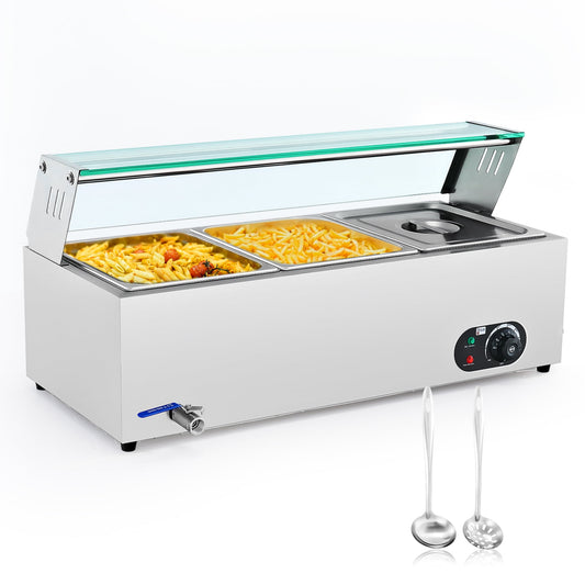 Wilprep 3 Pan Bain Marie Food Warmer Buffet Server & Warmer w Glass Shelf Ladle Skimmer