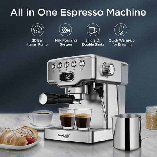 Yoneston 1.8L Water Tank Espresso Machine for Home Coffee, Espresso and Cappuccino Latte Maker, 20 Bar Pump Coffee Machine, Silver Finish