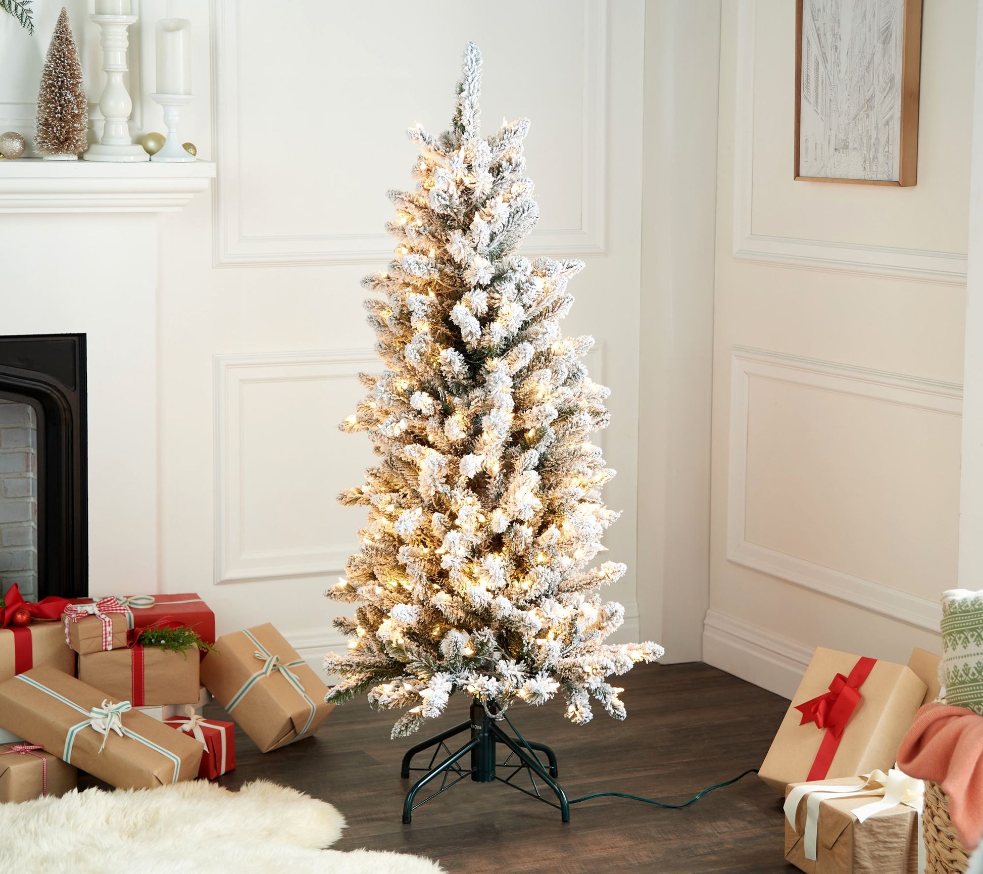 Bethlehem Lights 5' Flocked Overlit Slim Spruce Tree